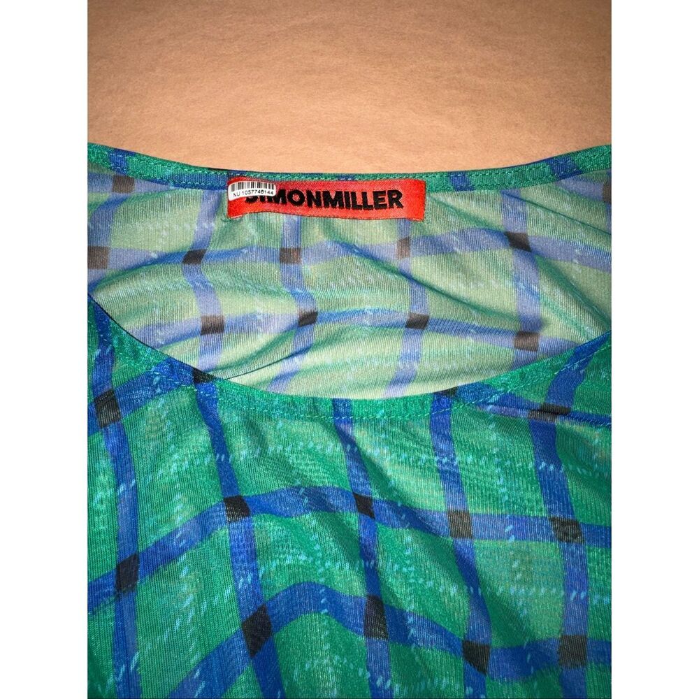 Simon Miller Sz M Kinny Ruched Plaid Mesh Midi Dress Anthropologie Green Blue - Picture 5 of 12